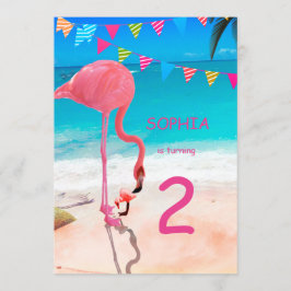 Invitación Niños Cute Pink Blue Flamingo Beach Cumpleaños