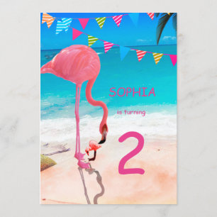 Invitación Niños Cute Pink Blue Flamingo Beach Cumpleaños