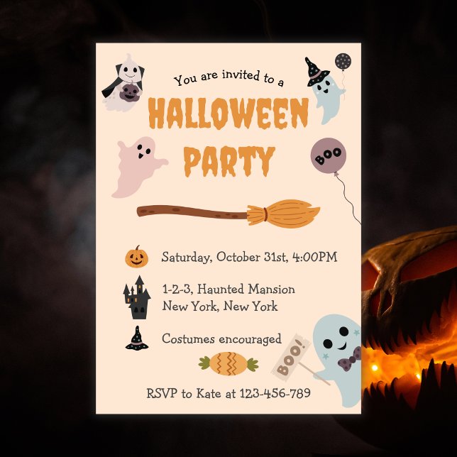 Invitación Niños Cutest Ghost Halloween Fiesta de disfraces (Kids Halloween Party, Ghost Costume Party, Cute Ghosts, Orange color,)