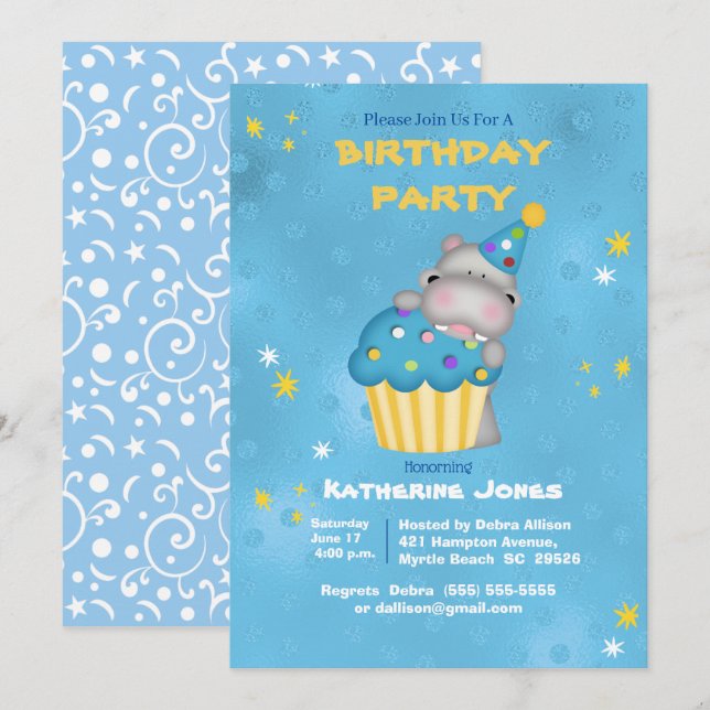 Invitación Niños cutúan hipopótamo con torta azul Cumpleaños  (Anverso / Reverso)