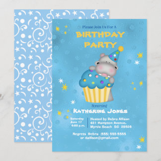 Invitación Niños cutúan hipopótamo con torta azul Cumpleaños 