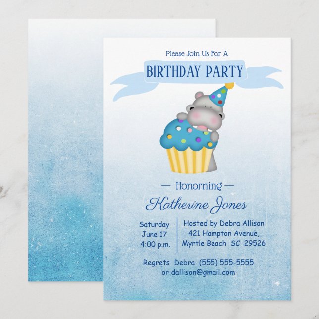 Invitación Niños cutúan hipopótamo con torta azul cumpleaños (Anverso / Reverso)