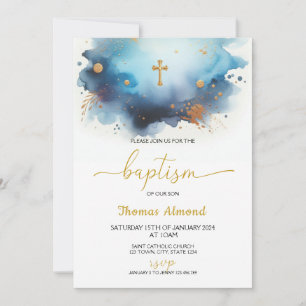 Invitación Niños de Acuarela Azul Bautismo de Oro