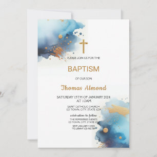 Invitación Niños de Acuarela Azul Bautismo de Oro