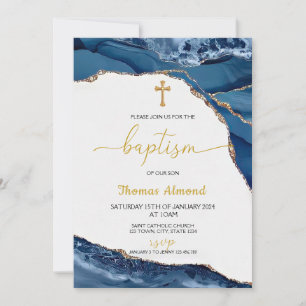 Invitación Niños de Acuarela Azul Bautismo de Oro