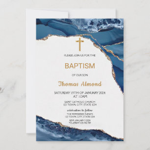 Invitación Niños de Acuarela Azul Bautismo de Oro