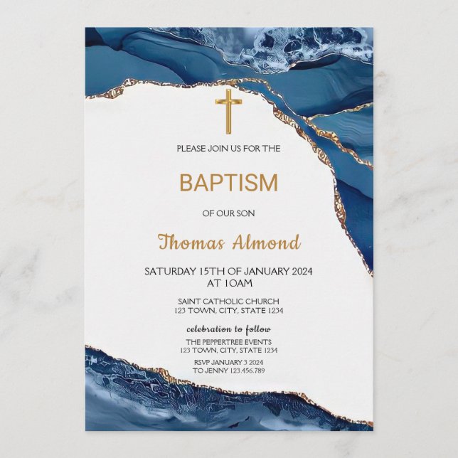 Invitación Niños de Acuarela Azul Bautismo de Oro (Anverso)