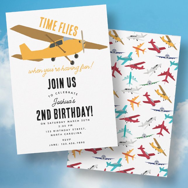 Invitación Niños de avión amarillo Fiesta de cumpleaños prime (Yellow Airplane Kids 1st Birthday Party Time Flies Invitation)