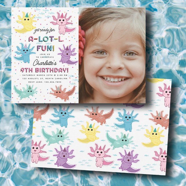 Invitación Niños de Axolotl Cutan Salamander Foto Fiesta de c (Axolotl Kids Cute Salamander Photo Birthday Party Invitation)