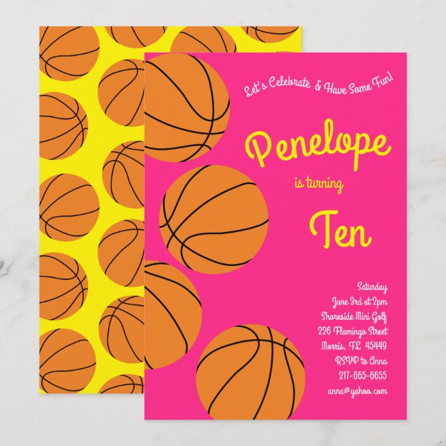 Invitación Niños de baloncesto Fiesta de cumpleaños Chicas ro (Anverso / Reverso)