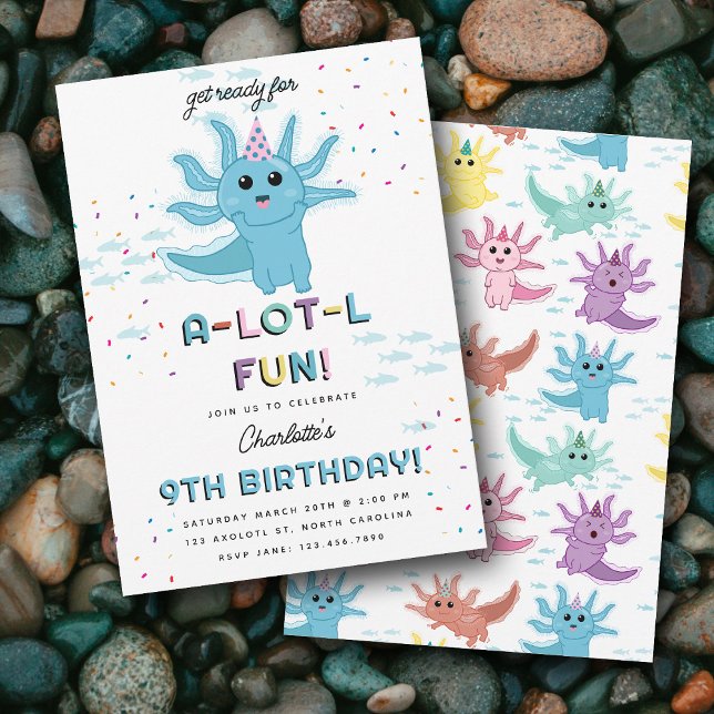 Invitación Niños de Blue Axolotl celebran fiesta de cumpleaño (Blue Axolotl Kids Cute Salamander Birthday Party Invitation)