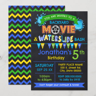 Invitación Niños de cine azul y tobogán acuático Fiesta de ve