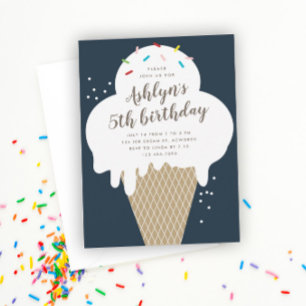 Invitación Niños de Cono de Helado Azul Fiesta de Cumpleaños