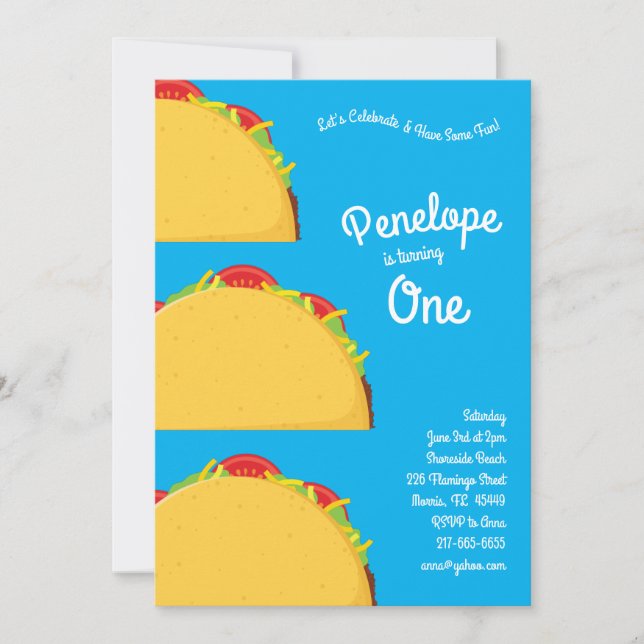 Invitación Niños de Cute Taco primer Fiesta de cumpleaños com (Anverso)