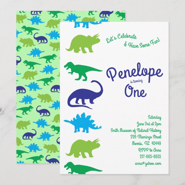Invitación Niños de dinosaurios pequeños Fiesta de primer cum (Anverso / Reverso)