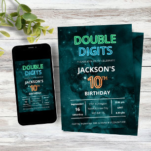 Invitación Niños de Doble Dígito Neon Espacio 10º Cumpleaños