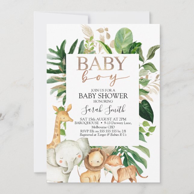 Invitación Niños De Foliage Dorados Y Verdes Safari Baby Show (Anverso)
