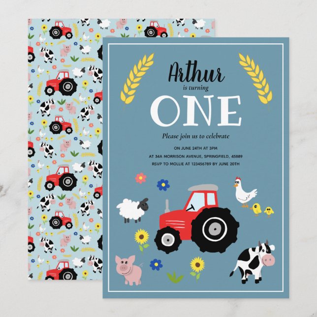 Invitación Niños de granja animales y Tractor Rojo Primer cum (Anverso / Reverso)