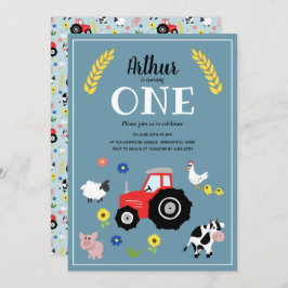 Invitación Niños de granja animales y Tractor Rojo Primer cum