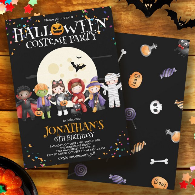 Invitación Niños de Halloween organizan fiesta de cumpleaños (Fun Halloween Kids Costume Birthday Party Invitation)