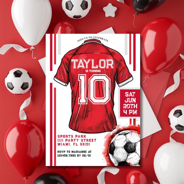 Invitación Niños de Jersey de Red Soccer Sports Boy Fiesta de (Red Soccer Sports Boy Jersey Kids Birthday Party Invitation)