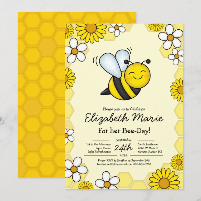 Invitación Niños de la fiesta de cumpleaños de Bee Day (Anverso / Reverso)