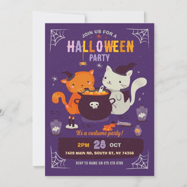 Invitación Niños de la fiesta de Halloween de gatos brujos di (Anverso)