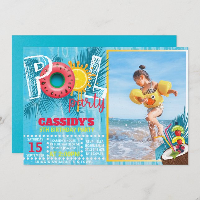 Invitación Niños de la foto Fiesta de la piscina Cumpleaños (Anverso / Reverso)