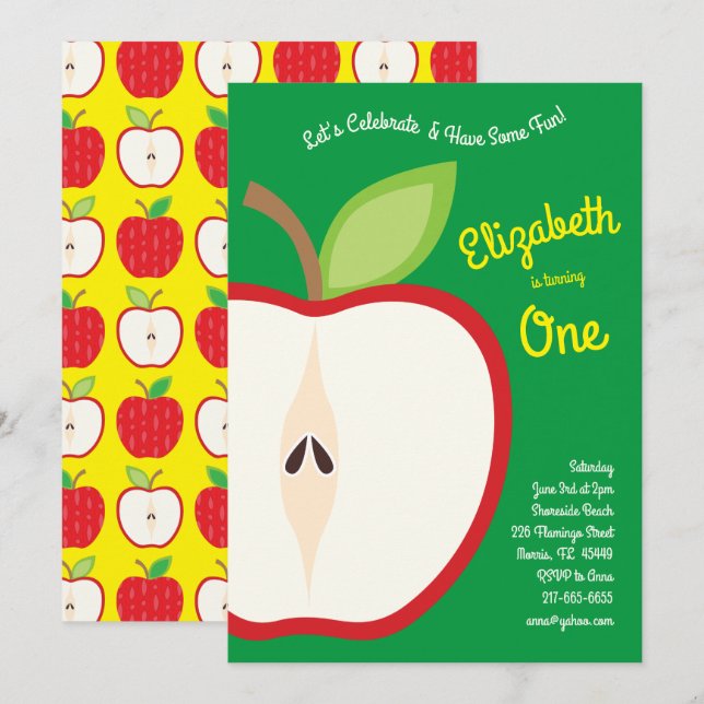 Invitación Niños de la fruta de la manzana 1° Fiesta de cumpl (Anverso / Reverso)