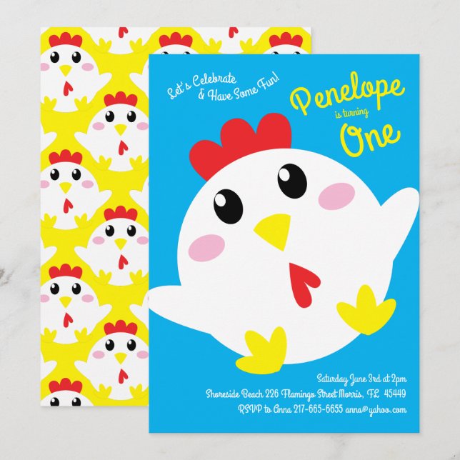 Invitación Niños de la granja de pollo Cute Fiesta de cumplea (Anverso / Reverso)
