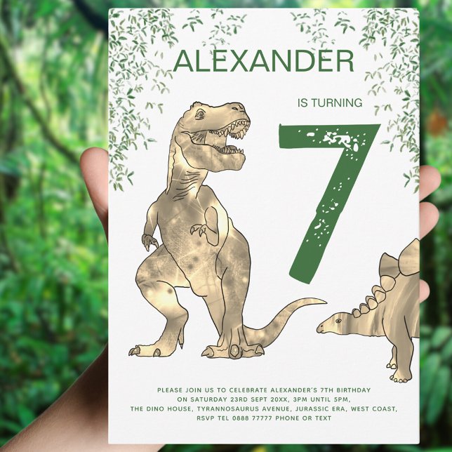 Invitación Niños de la selva de los dinosaurios Fiesta de cum (Dinosaur Jungle boy’s birthday party invitation with T-Rex and stegosaurus with foliage)