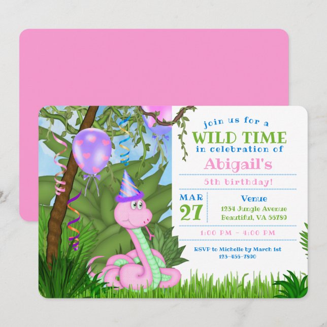 Invitación Niños de la serpiente rosada de la jungla dulce Fi (Anverso / Reverso)