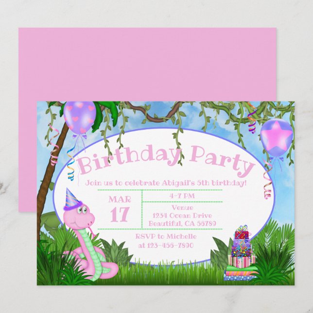 Invitación Niños de la serpiente rosada de la jungla dulce Fi (Anverso / Reverso)