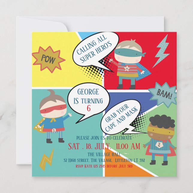 Invitación Niños de la tira cómica Cute Super Héroe (Anverso)