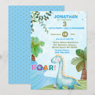 Invitación Niños de los dinosaurios azules en la fiesta de cu