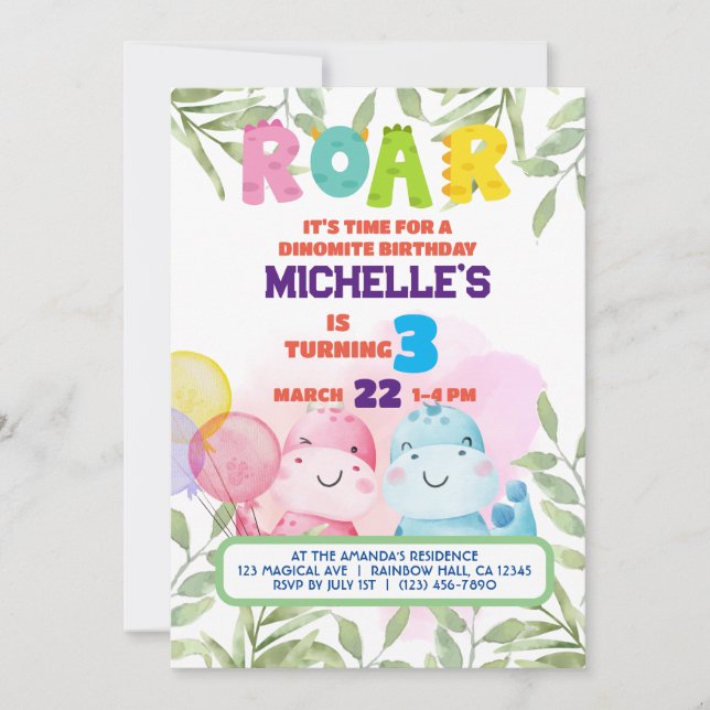 Invitación Niños de los dinosaurios Cute Cumpleaños Dino Chal (Anverso)