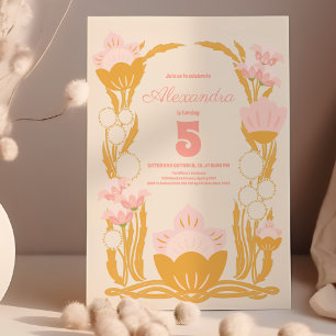 Invitación Niños de Oro Rosa Floral Retro Aniversario