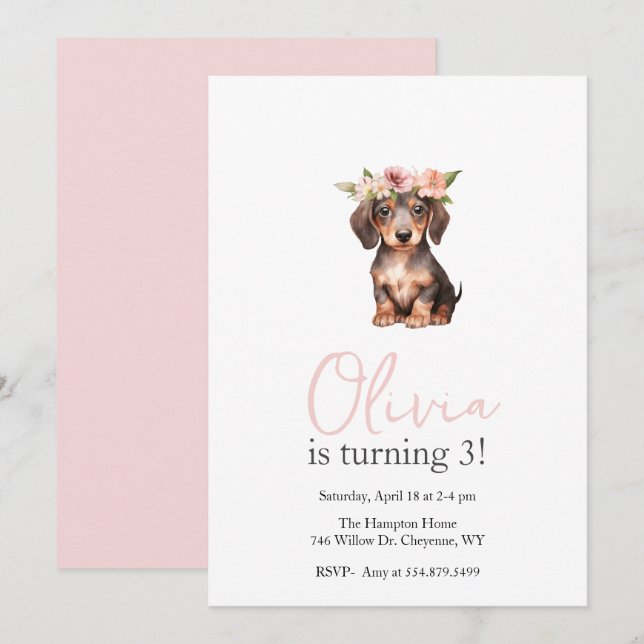 Invitación Niños de Puppy Pawty Dachshund Fiesta de cumpleaño (Anverso / Reverso)
