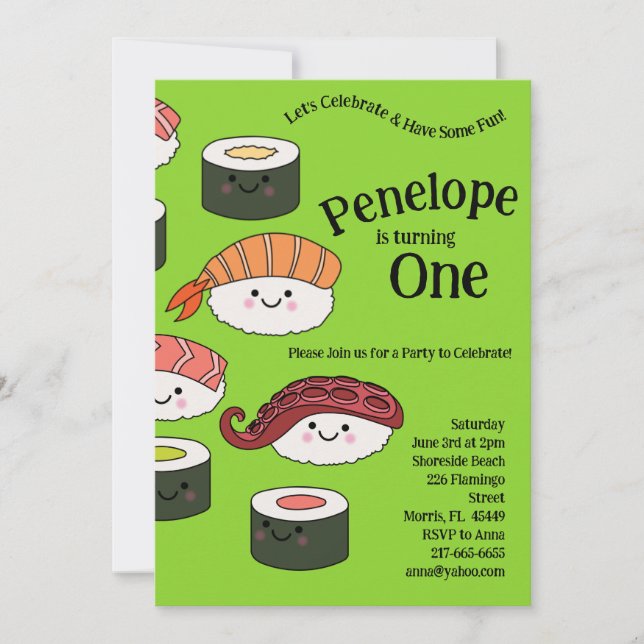 Invitación Niños de sushi lindo Fiesta de primer cumpleaños K (Anverso)