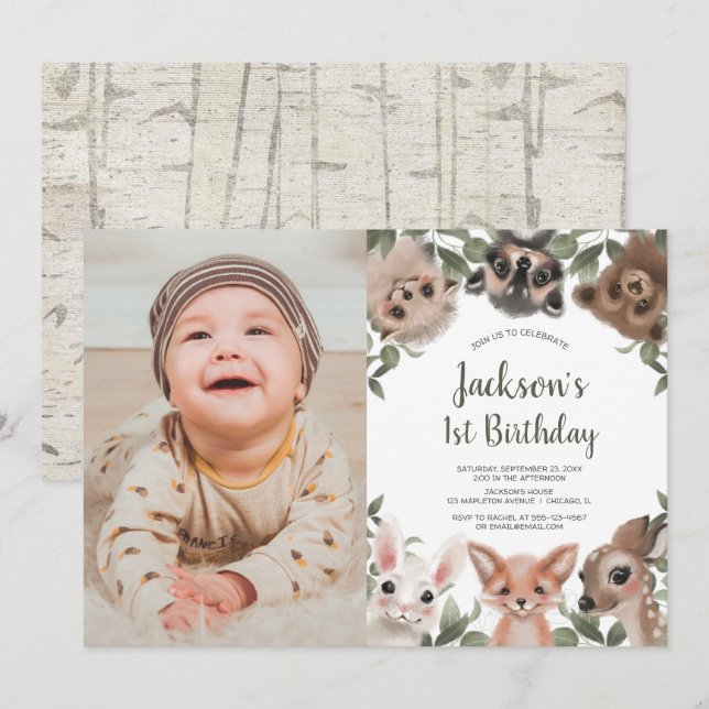 Invitación Niños de Woodland foto de primer cumpleaños (Anverso / Reverso)