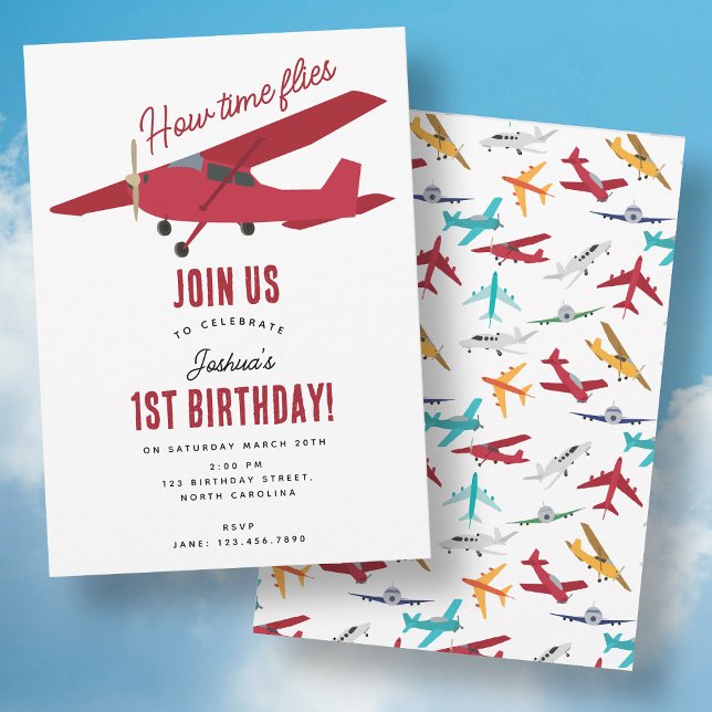 Invitación Niños del avión Fiesta de cumpleaños 1° Moscas de  (Airplane Kids 1st Birthday Party Time Flies Invitation)