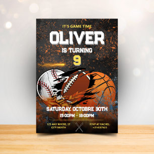 Invitación Niños del deporte del oro negro Cumpleaños