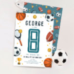 Invitación Niños Deportes Azules Niños 8 Cumpleaños<br><div class="desc">Este bonito diseño de invitación a los niños de ocho años con temática deportiva presenta un diseño de personalizados deportivos de fondo blanco, con baloncesto, fútbol, fútbol, baloncesto, raqueta de tenis, trofeo y estrellas. La invitación puede ser personalizada con el nombre de su hijo y otros detalles necesarios para su...</div>