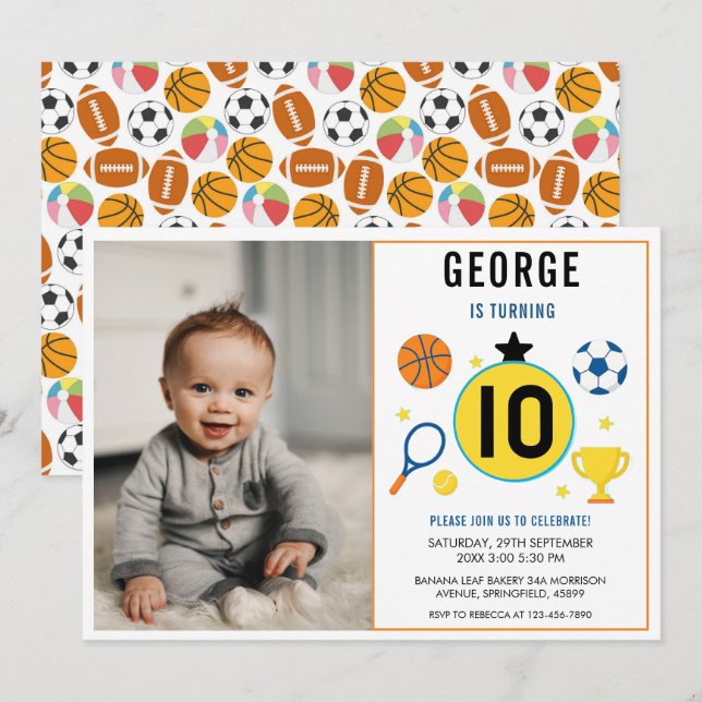 Invitación Niños Deportes modernos Cumpleaños | Foto del Día  (Anverso / Reverso)