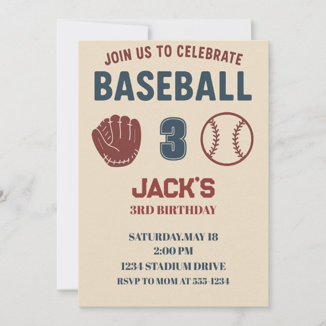 Invitación Niños Deportivos Béisbol Cute Fiesta de Cumpleaños (Anverso)