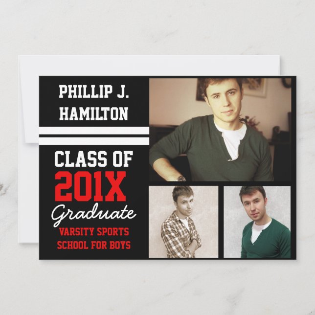 Invitación Niños deportivos negros/rojos 3 Graduación de foto (Anverso)