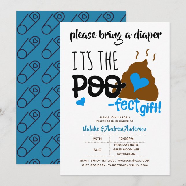 Invitación Niños DIAPER Fiesta Blue POOP Emoji (Anverso / Reverso)
