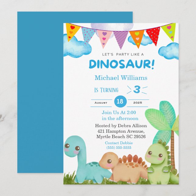 Invitación Niños Dinosaurio 3.ᵉʳ Fiesta de cumpleaños (Anverso / Reverso)
