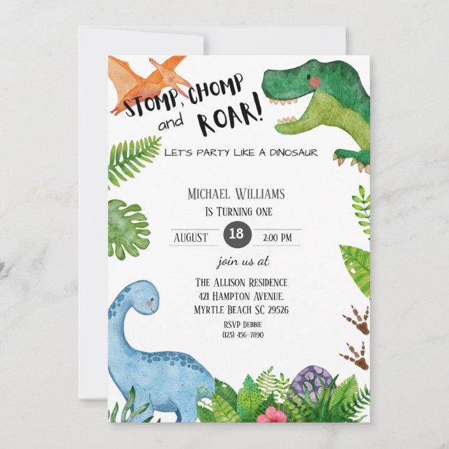 Invitación Niños Dinosaurio primer Fiesta de cumpleaños (Anverso)