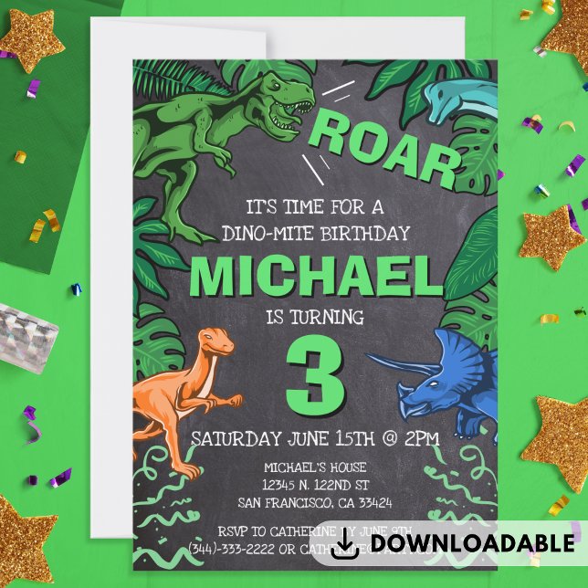 Invitación Niños dinosaurios Cumpleaños Dino Trex Chalkboard  (Dinosaur Kids Birthday Dino Trex Chalkboard Boy Invitation)